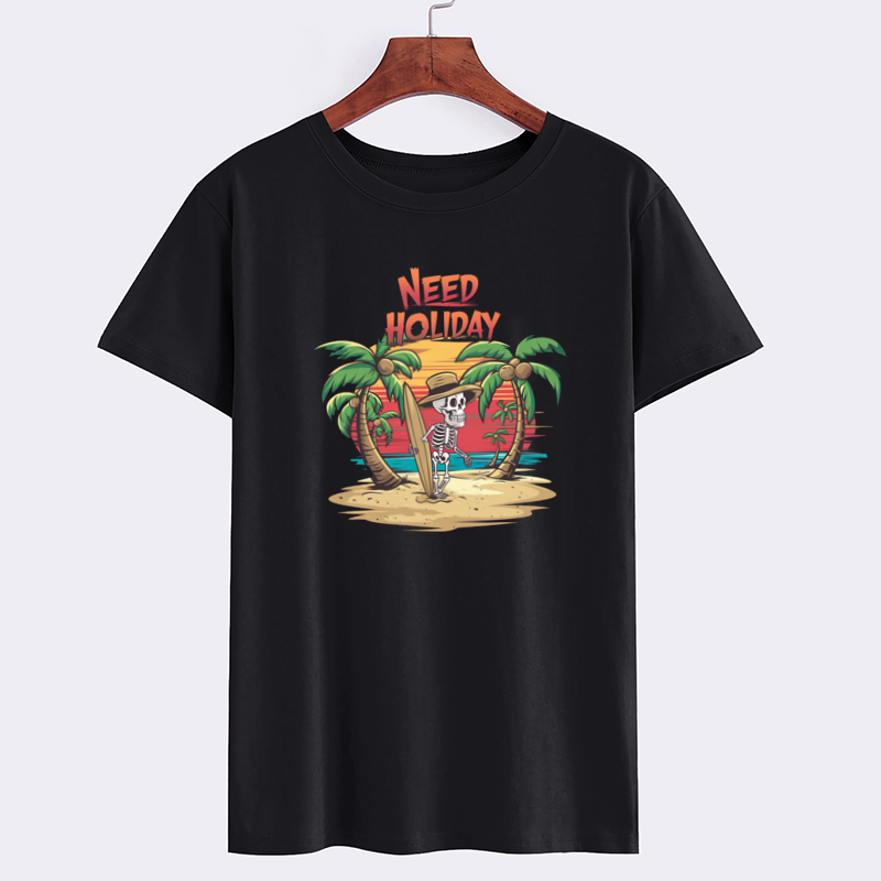 Holiday Skeleton Surfing Black Cotton T-Shirt