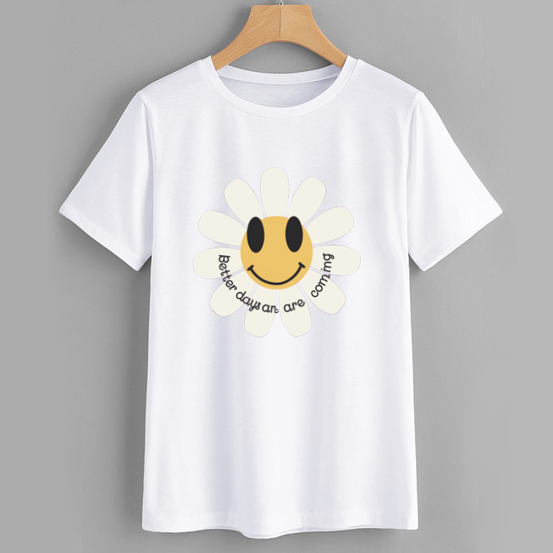 Happy Daisy Smiley Face Graphic Cotton T-Shirt