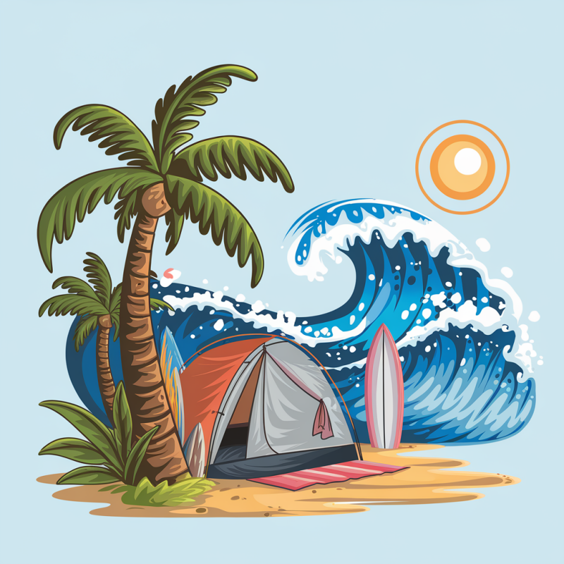 Tropical Beach Surfing Graphic T-Shirt