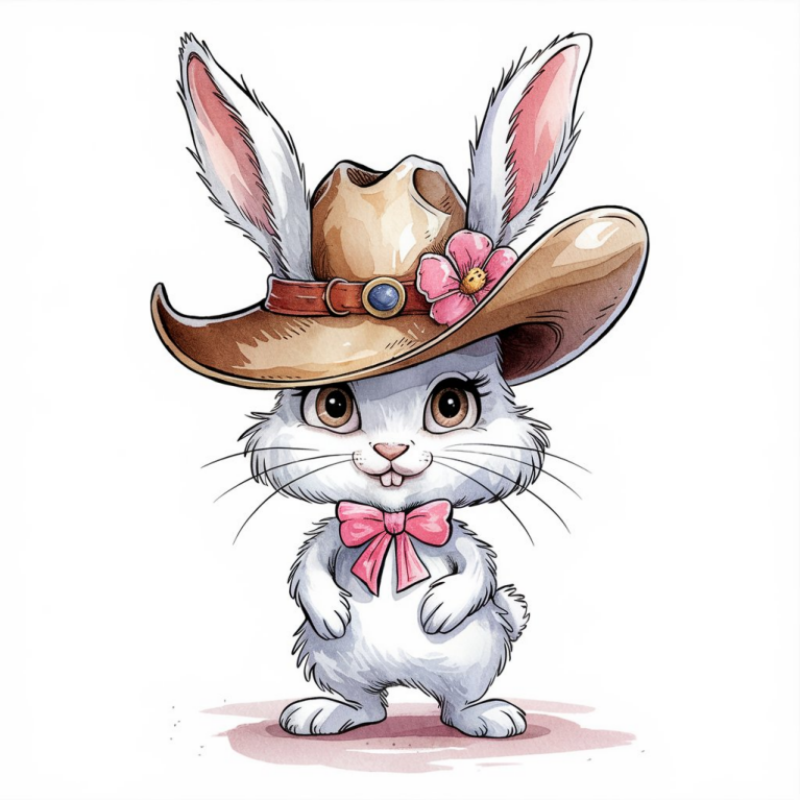 Cute Cartoon Rabbit Graphic T-Shirt with Cowboy Hat