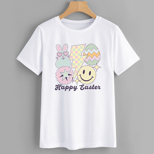 Happy Easter Graphic T-Shirt with Bunny and Smiley Design