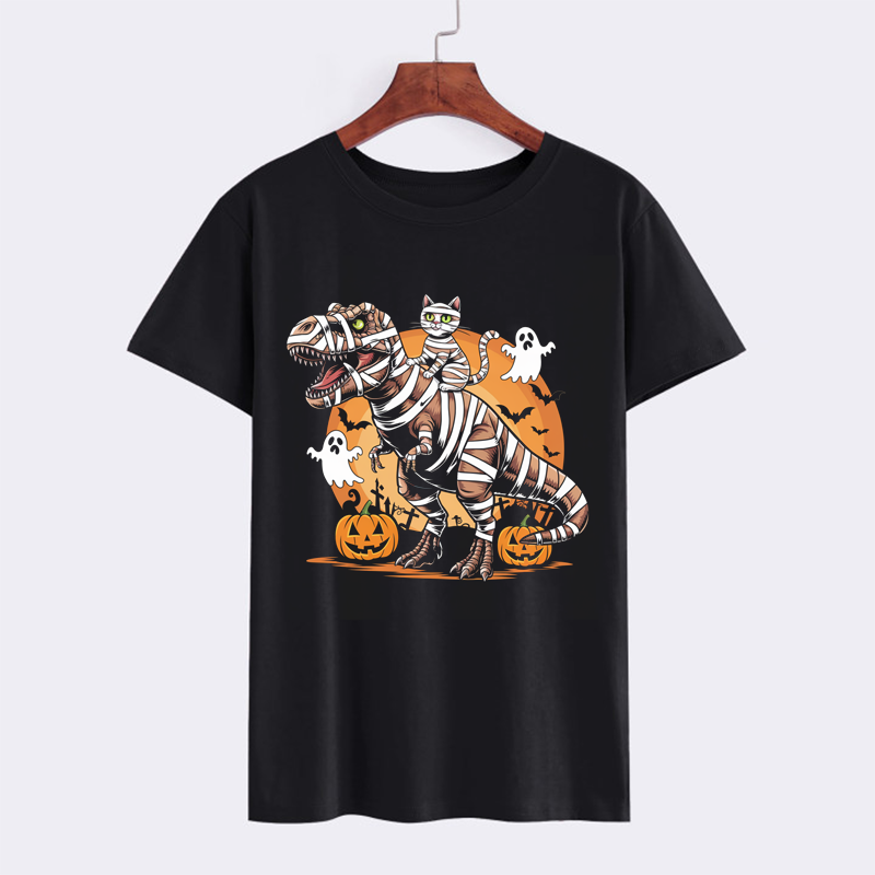 Whimsical Mummy Dinosaur and Cat Halloween T-Shirt