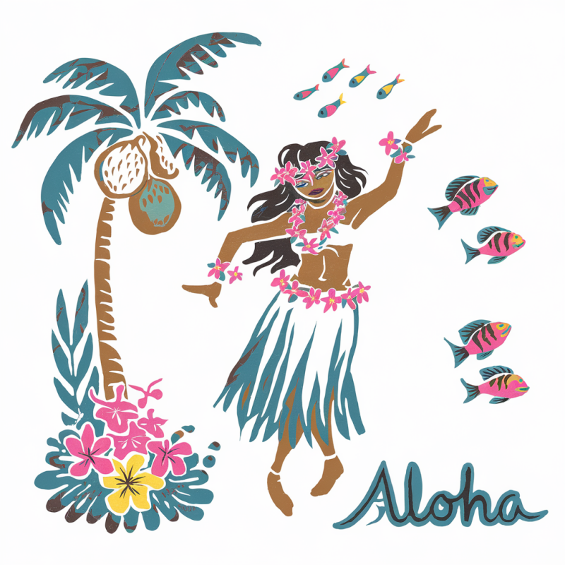 Hawaiian Aloha Graphic T-Shirt with Hula Dancer