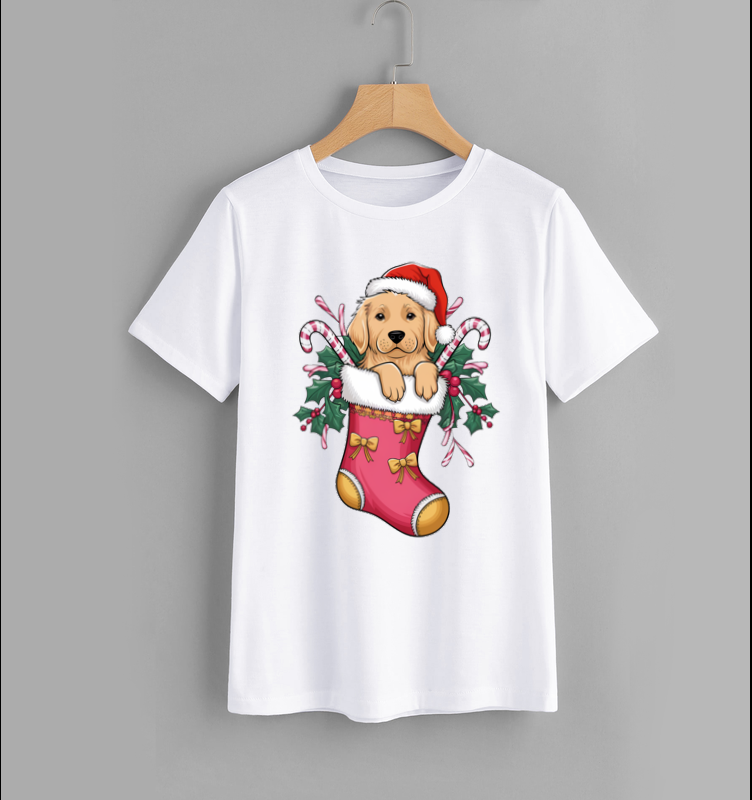 Cute Dog in Christmas Stocking T-Shirt