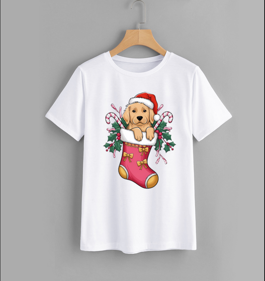 Cute Dog in Christmas Stocking T-Shirt