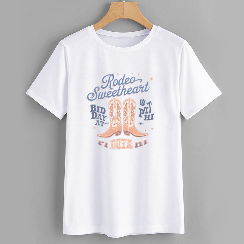 Rodeo Sweetheart Graphic T-Shirt with Cowboy Boots Design