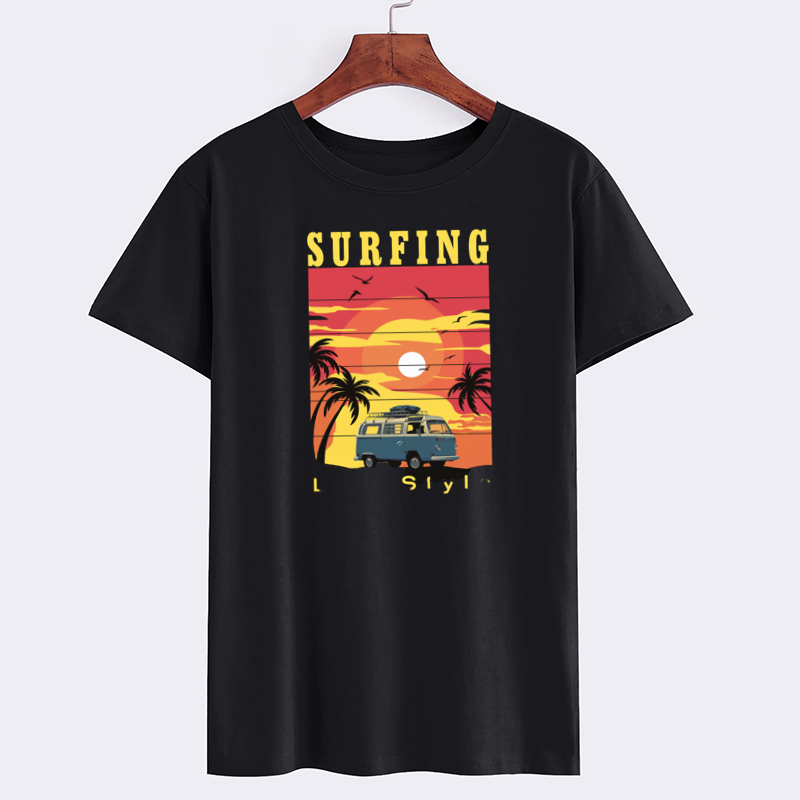 Vintage Surfing Graphic T-Shirt with Sunset and Van