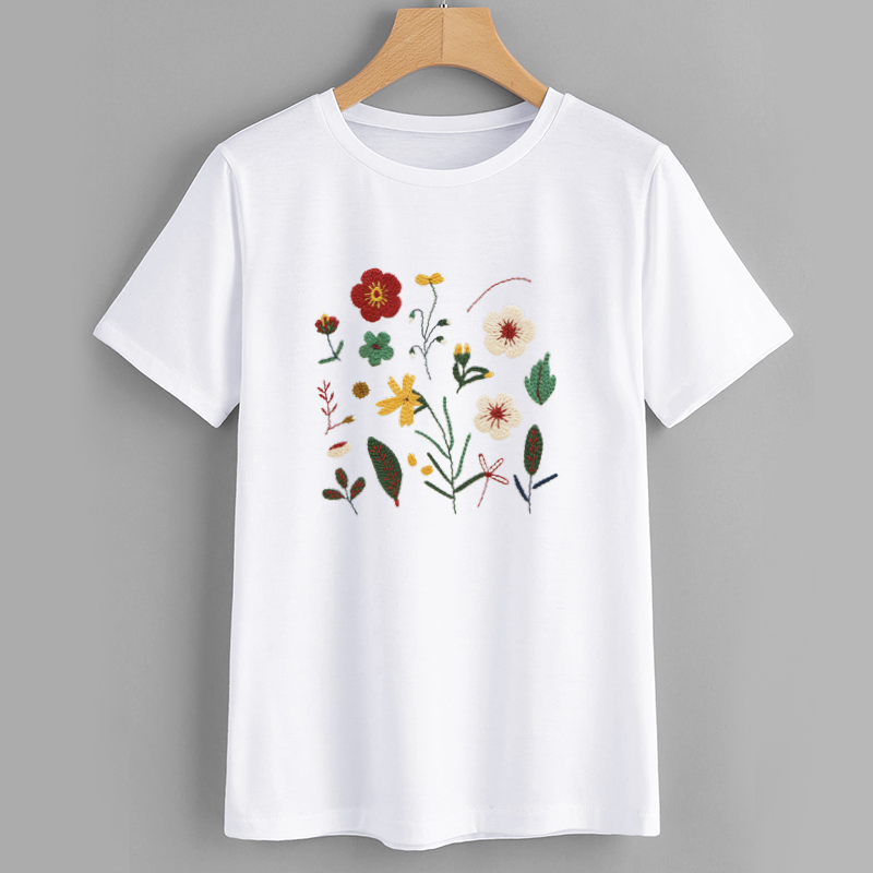 Floral Embroidery White Casual T-Shirt