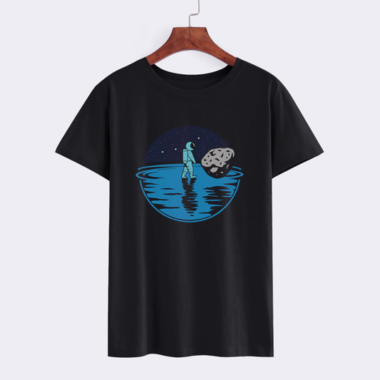 Astronaut and Asteroid Graphic Tee - Unisex Black Casual T-Shirt