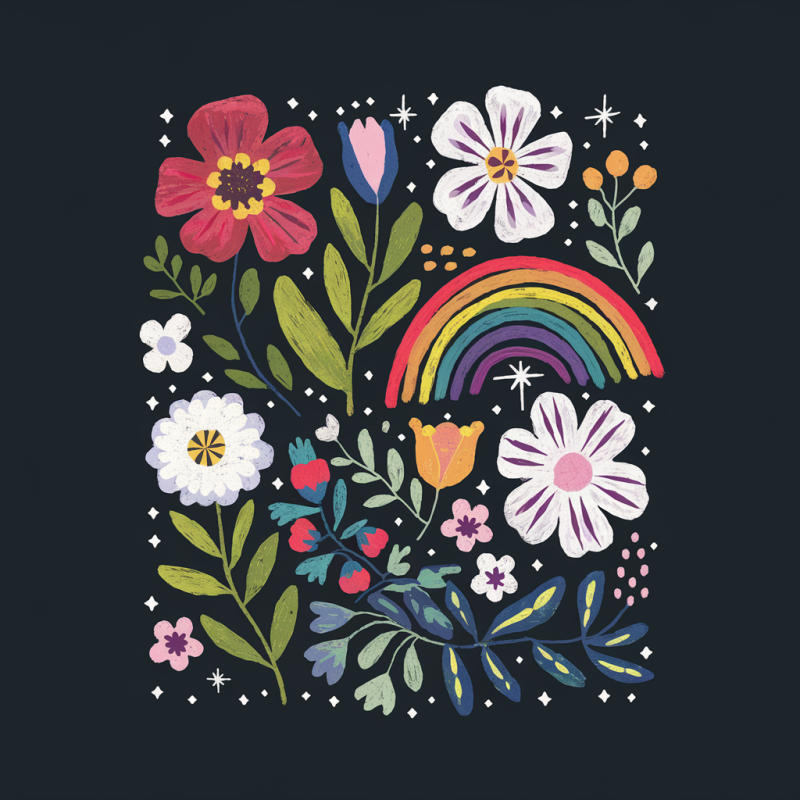 Floral Rainbow Graphic Tee - Stylish Black T-Shirt