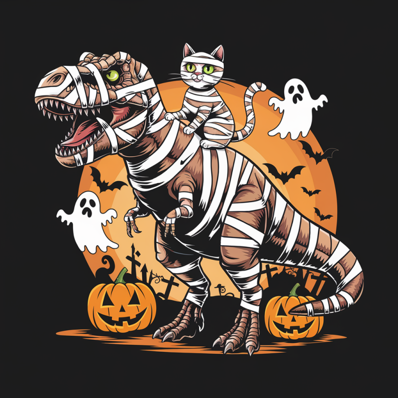 Whimsical Mummy Dinosaur and Cat Halloween T-Shirt