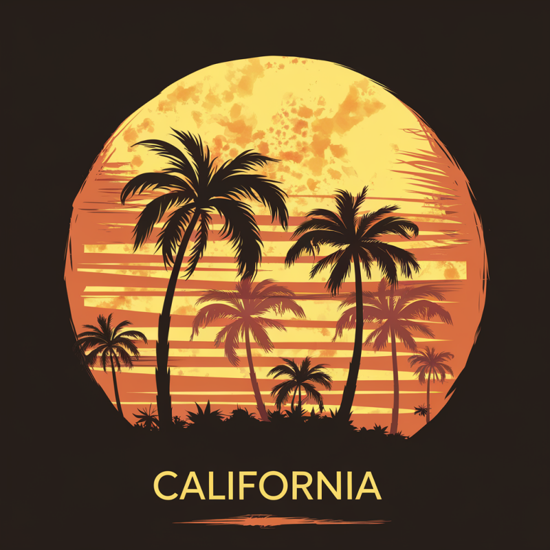 California Sunset Palm Tree Black Cotton T-Shirt