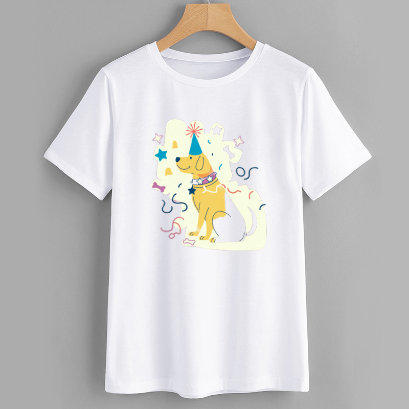 Brand Cute Dog Print White Cotton T-Shirt