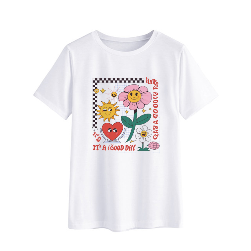 Happy Vibes Graphic T-Shirt with Sun and Flower Design