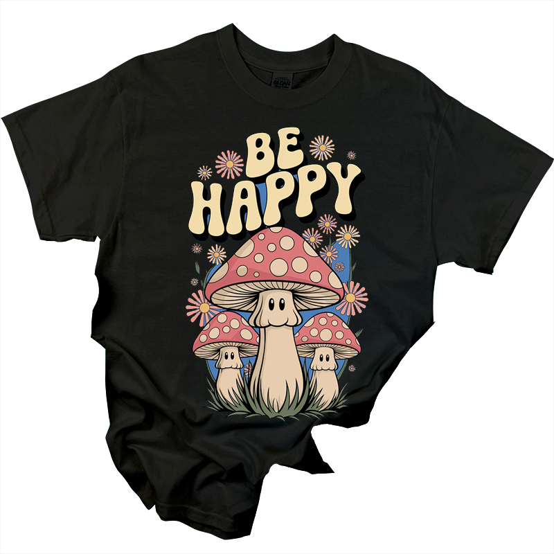 Mushroom Pattern 'Be Happy' T-Shirt