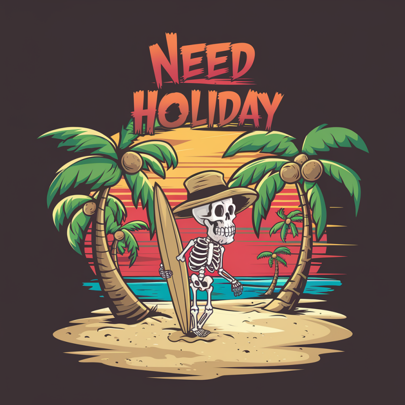 Holiday Skeleton Surfing Black Cotton T-Shirt