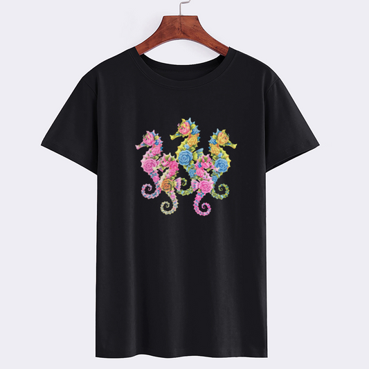 Floral Seahorse Graphic Black T-Shirt