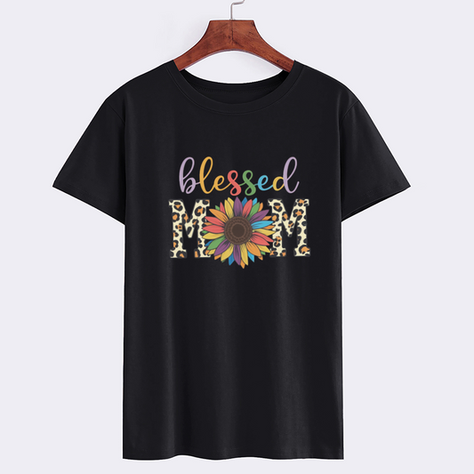 Blessed Mom Leopard Print Floral Graphic T-Shirt