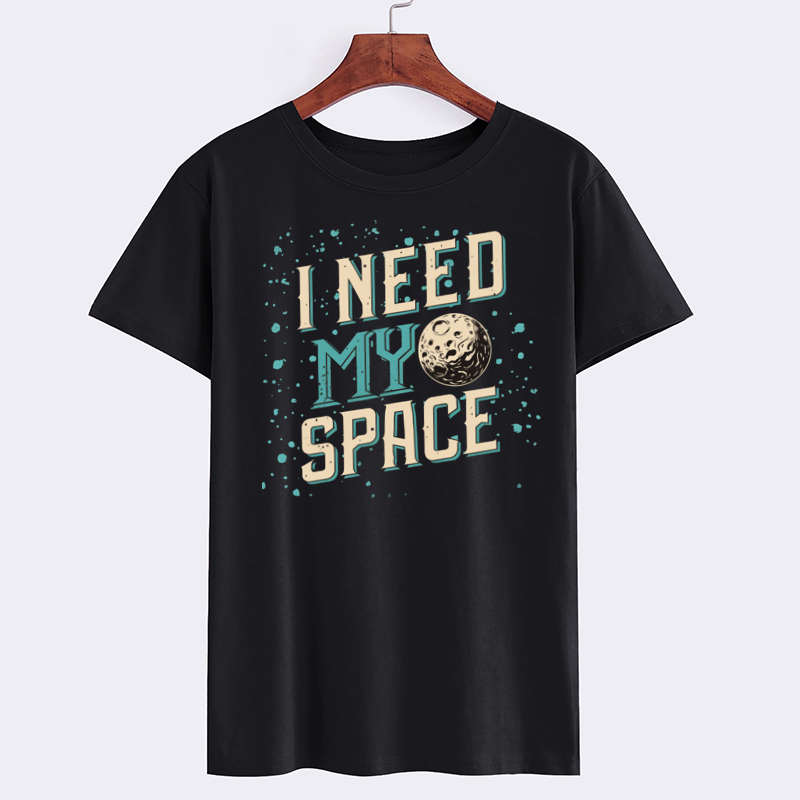 I Need My Space Graphic Tee - Casual Black T-Shirt with Moon Design