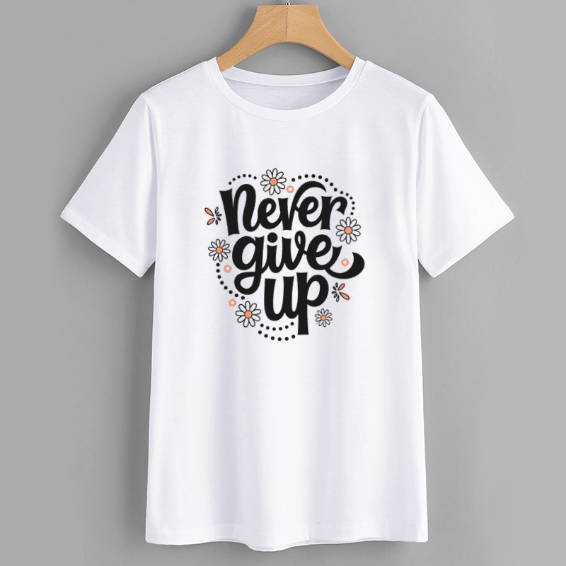 Motivational Never Give Up T-Shirt with Floral Design