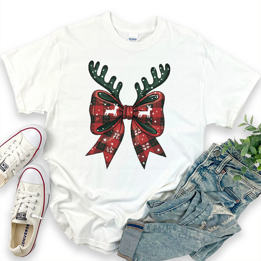 Cute Christmas Pattern T-shirts with Plaid Bows and Elk Horns