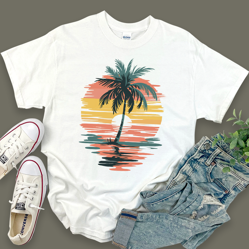 Casual Pattern Top with Sun and Coconut Trees Design