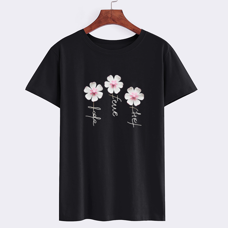 Floral Design Graphic Tee - Black T-Shirt with Flowers
