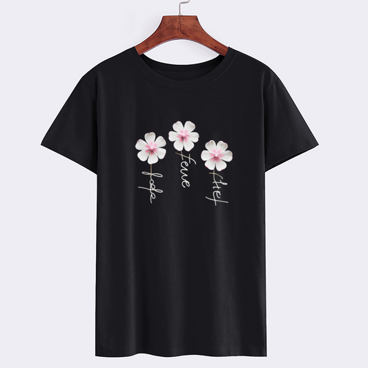 Floral Design Graphic Tee - Black T-Shirt with Flowers