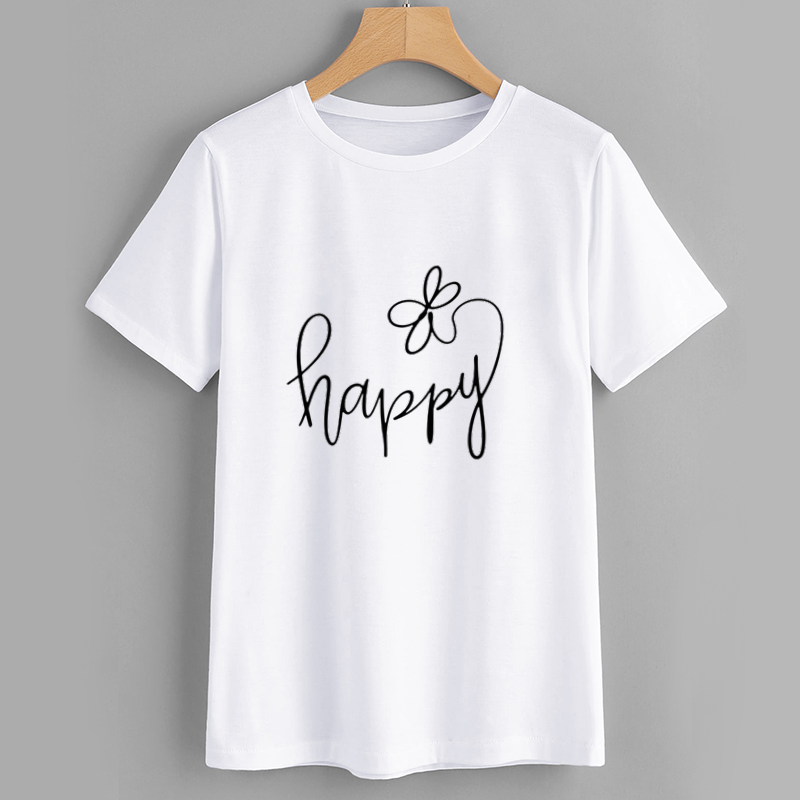 Cotton Happy Print White T-Shirt Casual