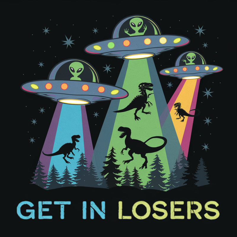 UFO Get In Losers Graphic Tee - Fun Alien and Dinosaur Design