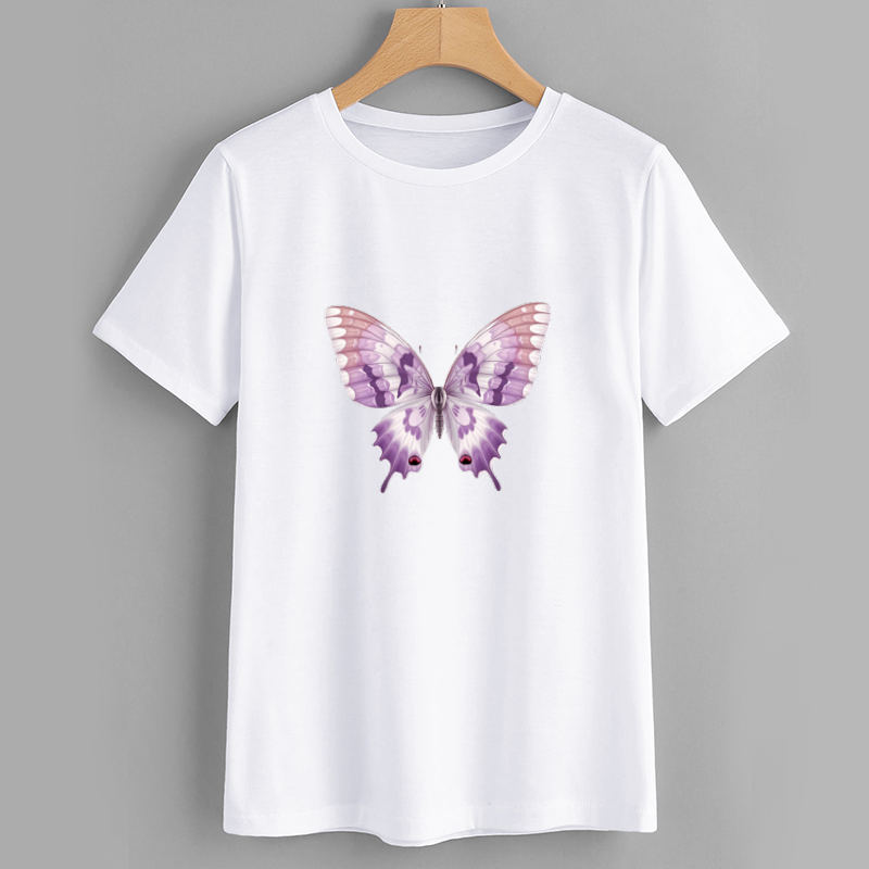 Butterfly Print White Cotton T-Shirt Casual Short Sleeve