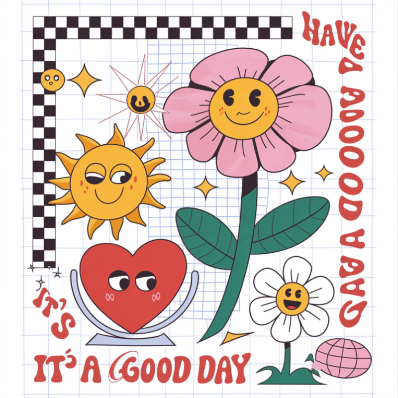 Happy Vibes Graphic T-Shirt with Sun and Flower Design