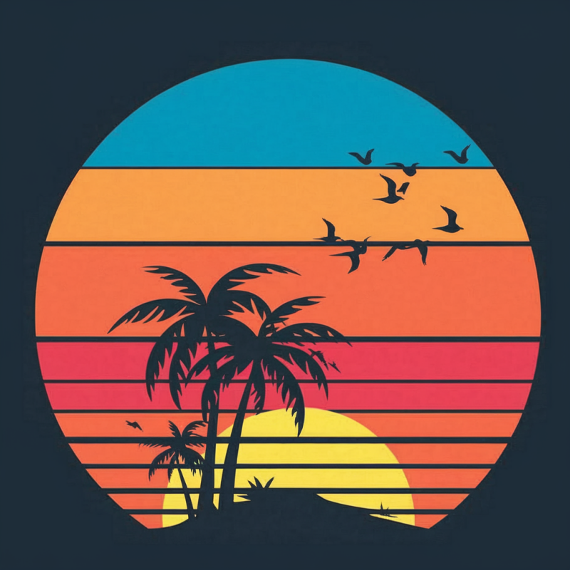 Retro Sunset Palm Tree Graphic Cotton T-Shirt