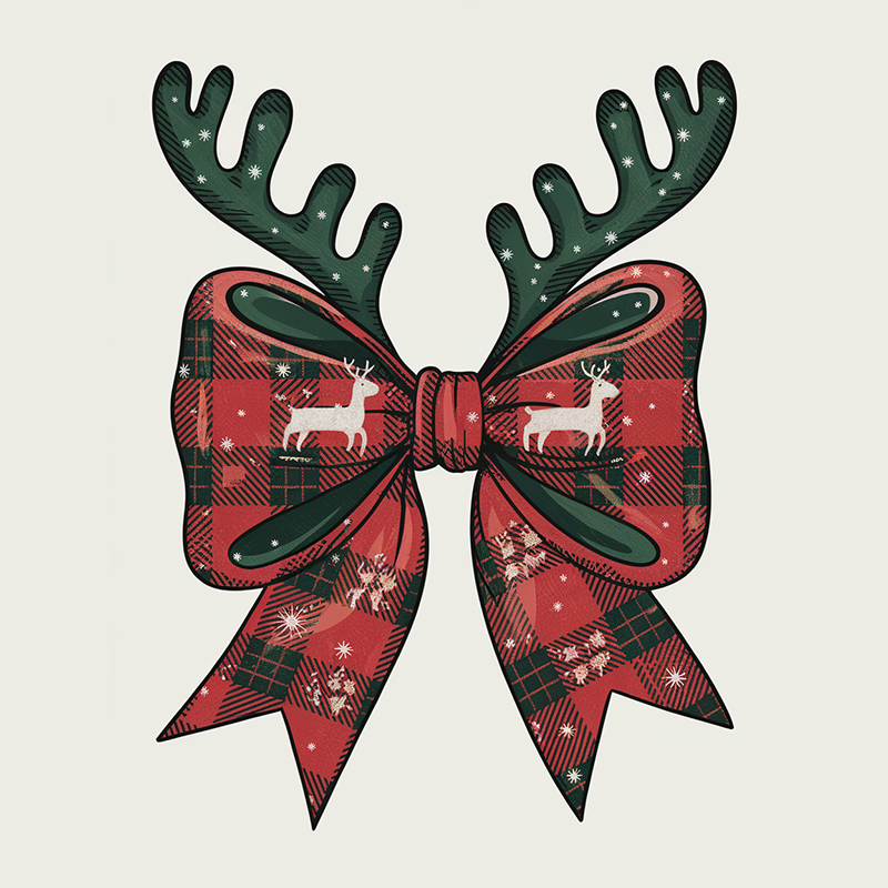 Cute Christmas Pattern T-shirts with Plaid Bows and Elk Horns