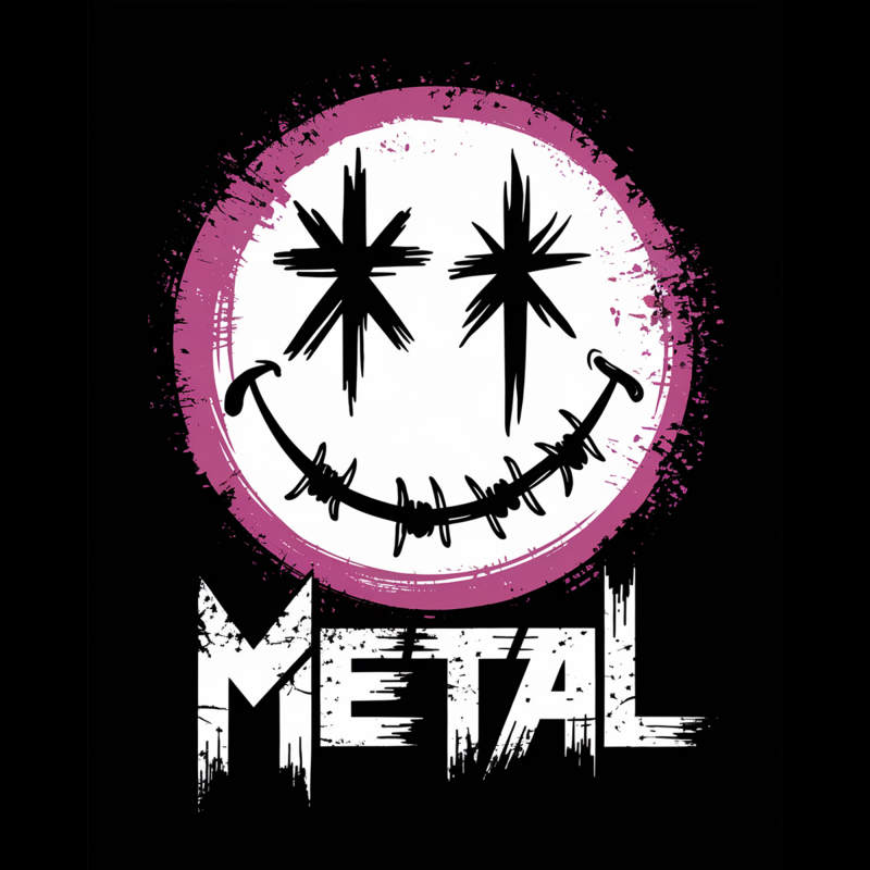 Men's Black Graphic T-Shirt with Smiley Face and METAL Print