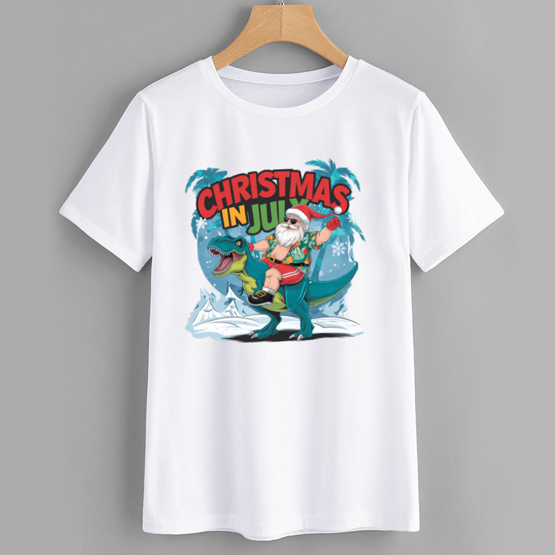 Christmas in July Santa Riding Dinosaur T-Shirt