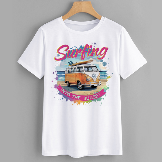 Vintage Surfing Graphic T-Shirt with Sunset Design