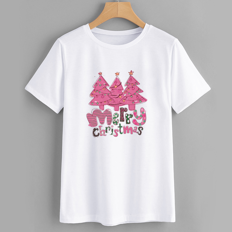 Merry Christmas Graphic Tee with Pink Trees
