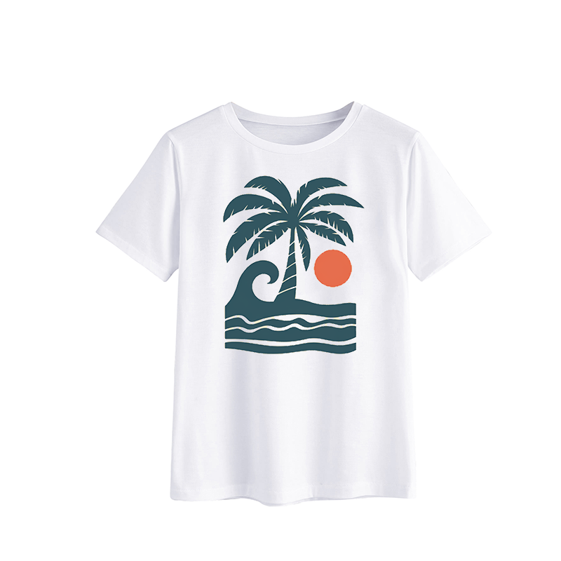 Beach Vibes Graphic T-Shirt with Palm Tree and Wave Design