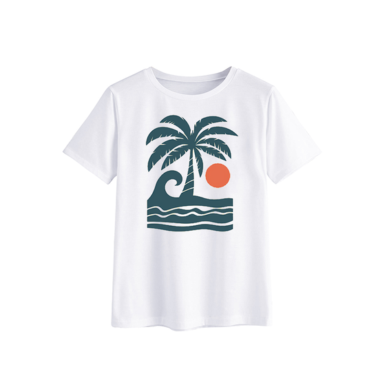 Beach Vibes Graphic T-Shirt with Palm Tree and Wave Design