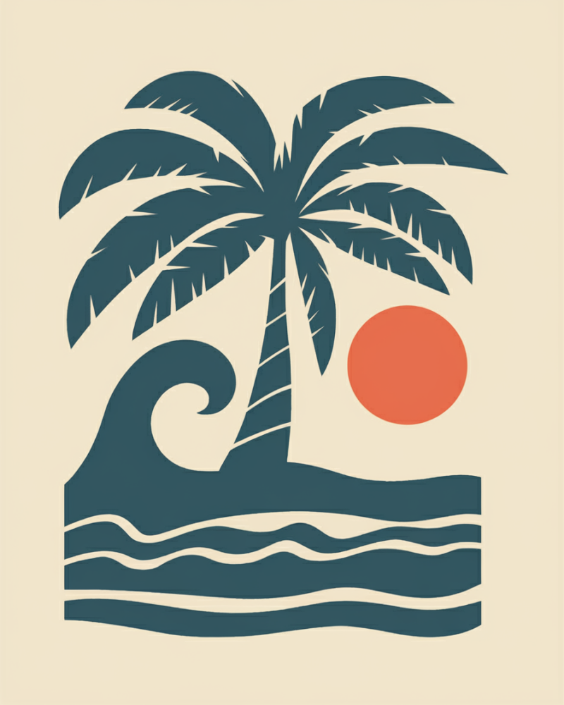Beach Vibes Graphic T-Shirt with Palm Tree and Wave Design