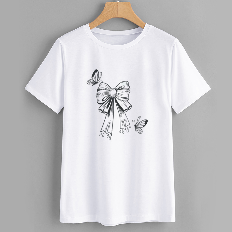 Trendy Bow & Butterfly Graphic Cotton T-Shirt