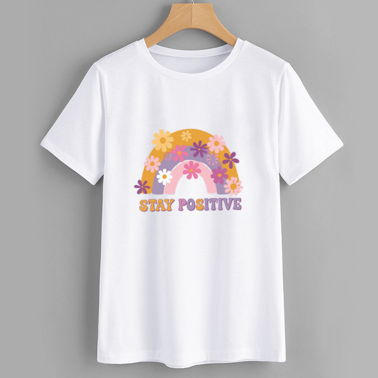 Stay Positive Graphic T-Shirt with Flower Rainbow Design