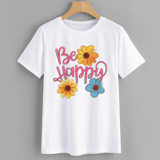 Be Happy Floral Graphic Cotton T-Shirt
