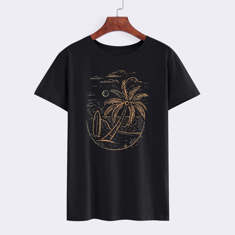 Graphic Black T-Shirt with Palm Tree and Surfboard Design