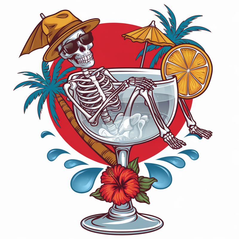 Skeleton Relaxing in Cocktail Graphic T-Shirt