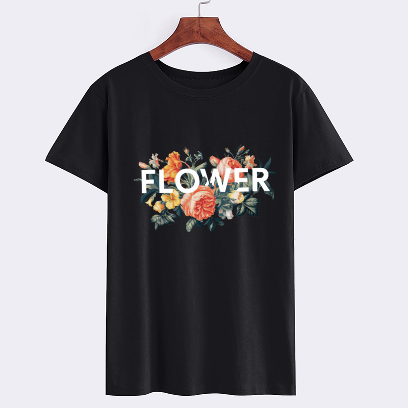 Floral Graphic Black T-Shirt with 'FLOWER' Print