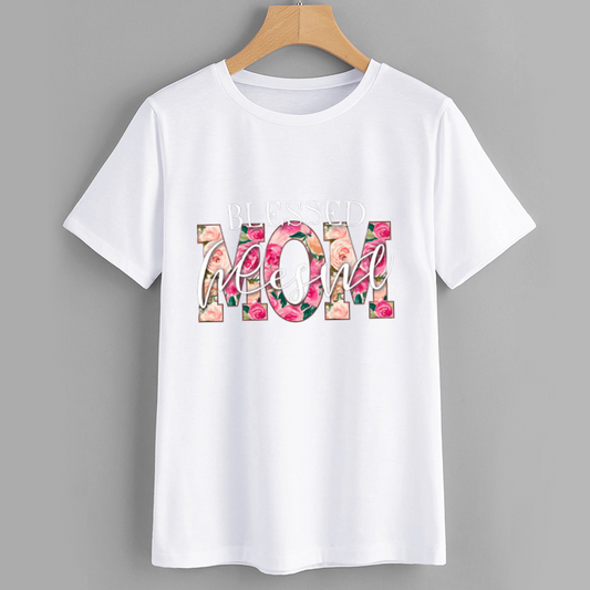 Blessed Mom Floral Cotton Graphic T-shirt