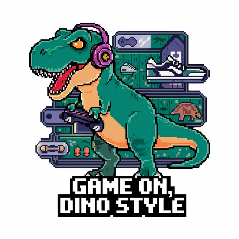 Gaming Dinosaur Graphic T-Shirt - Pixel Art Design