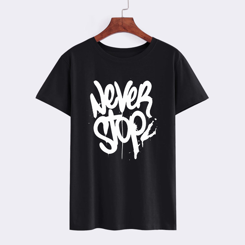 Black Graphic T-Shirt with 'Never Stop' Print